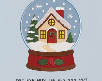 Christmas Snow Globe Embroidery Design, Cute Winter Cottage Machine Embroidery File, Holiday House Pattern, 15 Sizes, Instant Download