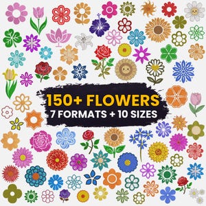 May include: A vibrant assortment of flower illustrations, featuring roses, sunflowers, and daisies, in diverse styles. The image displays the text "150+ FLOWERS, 7 FORMATS + 10 SIZES" on a black backdrop. The flowers are in shades of pink, yellow, blue, and green.