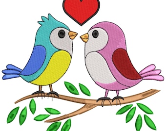Love Birds on a Branch Embroidery Design, Cute Farm Animal embroidery File, Crazy Bird Machine Embroidery Design, 8 Sizes, Instant Download