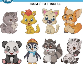 Baby Zootiere Stickerei, Safari Tier Maschinenstickerei, Mädchen Stickerei, Waldtiere, Tiere auf dem Bauernhof, 7 Größen, Instant Download