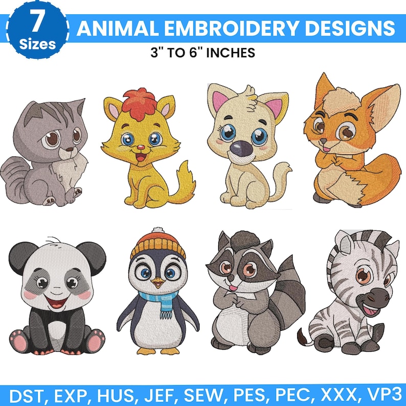 Safari Animals Embroidery Bundle, Zoo Animal Embroidery, Baby Jungle Animals Embroidery, Baby Girl Embroidery, Forest Animal, Farm Animal, 7 sizes from 3 inch to 6 inches and available in 7 different file formats, instant download machine embroidery files