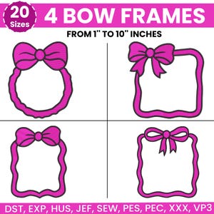 May include: A graphic featuring four pink bow frames in various shapes. The text indicates 20 sizes are available, ranging from 1 to 10 inches. The image also lists compatible file formats.