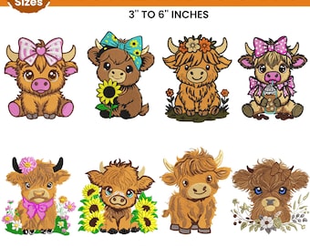 Highland Cow Machine Embroidery Design, Baby Highland Heifer Cow, Floral highland Cow, Nursery Machine Embroidery, 7 Sizes, Instant Download