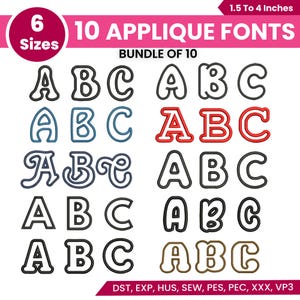 Könnte beinhalten: Grafik mit zehn Applikationsschriften, die die Buchstaben A, B und C zeigen. Die Schriftgrößen variieren von 3,8 bis 10,2 cm. Das Bild enthält auch den Text "Bundle of 10" und Informationen zu Dateitypen.