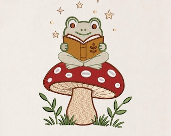 Frog Reading on Mushroom Embroidery Design, Mini Frog Embroidery Design, Animal Embroidery Design, 17 Sizes, Instant Download
