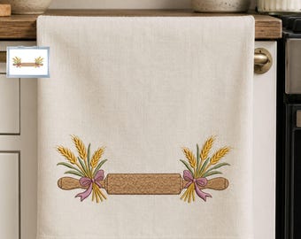 Rolling Pin Embroidery Design, Farmhouse Wheat Machine Embroidery File, Kitchen Bow Pattern, 17 Sizes, Instant Download