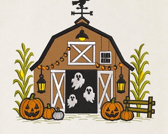 Haunted Barn Embroidery design, Halloween Embroidery File, 15 sizes, Instant download