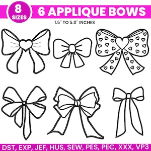 May include: Black and white applique bow designs in various styles. The image includes the text "6 APPLIQUE BOWS" and "8 SIZES", with sizes ranging from 1.5 to 5.0 inches. The bows feature heart and ribbon details.