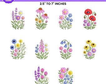 Diseños de bordado de mini flores, bordado de mini flores silvestres, paquete de diseños de bordado floral a máquina, PES DST, 10 tamaños - Descarga instantánea