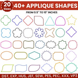 Può includere: Immagine con oltre 40 forme di applicazioni in vari colori e design, da 1,27 cm a 25,4 cm. Il testo recita "20 Sizes" e "40+ APPLIQUE SHAPES". Le abbreviazioni dei tipi di file sono elencate sotto le forme.