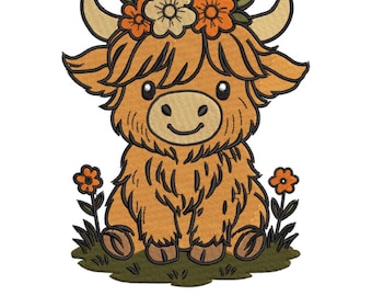 Diseño de bordado a máquina de vaca de las Highlands, cría de vaquilla de las Highlands, vaca floral de las Highlands, bordado a máquina para guardería, 6 tamaños, descarga instantánea