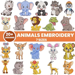 Puede incluir: Una colorida ilustración con varios animales de dibujos animados, como una cebra, un elefante, un panda y un mapache. Otros animales incluyen un león, un cocodrilo y un hipopótamo. El texto dice "20+ Designs" y "Animals Embroidery 7 Sizes".