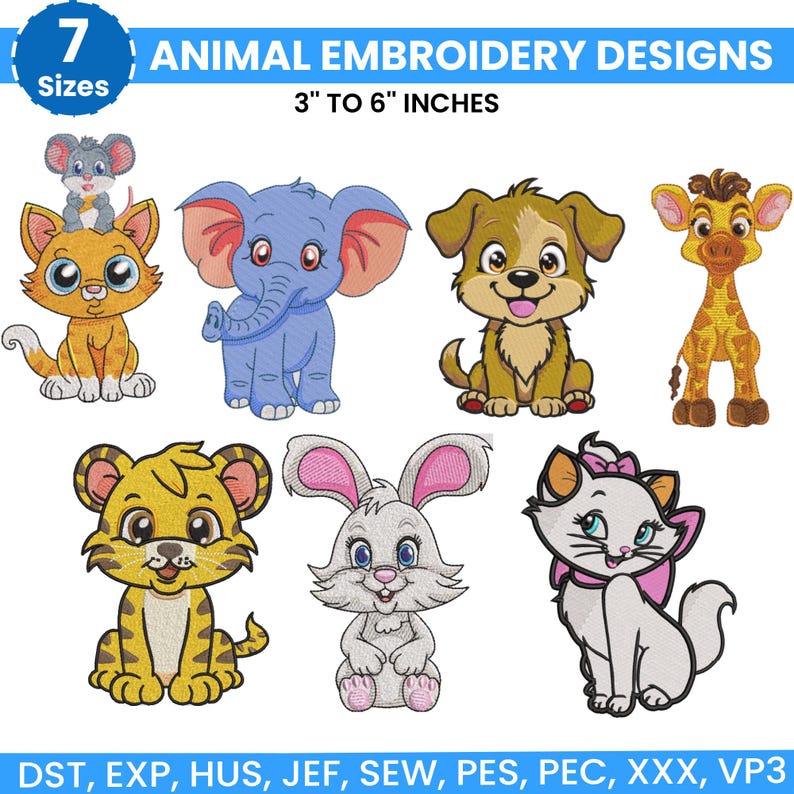 Safari Animals Embroidery Bundle, Zoo Animal Embroidery, Baby Jungle Animals Embroidery, Baby Girl Embroidery, Forest Animal, Farm Animal, 7 sizes from 3 inch to 6 inches and available in 7 different file formats, instant download machine embroidery files