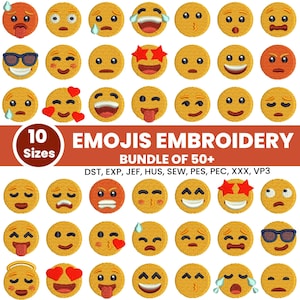 以下が含まれることがあります： 笑顔、泣き顔、怒り顔など、さまざまな表情の刺繍絵文字のデザインコレクション。画像には「EMOJIS EMBROIDERY BUNDLE OF 50+」と「10 Sizes」の文字が含まれています。デザインは黄色とオレンジ色です。
