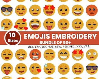 Emoji Embroidery Designs Bundle, 50 Emoticon Embroidery Designs, 10 Sizes (Instant Download)