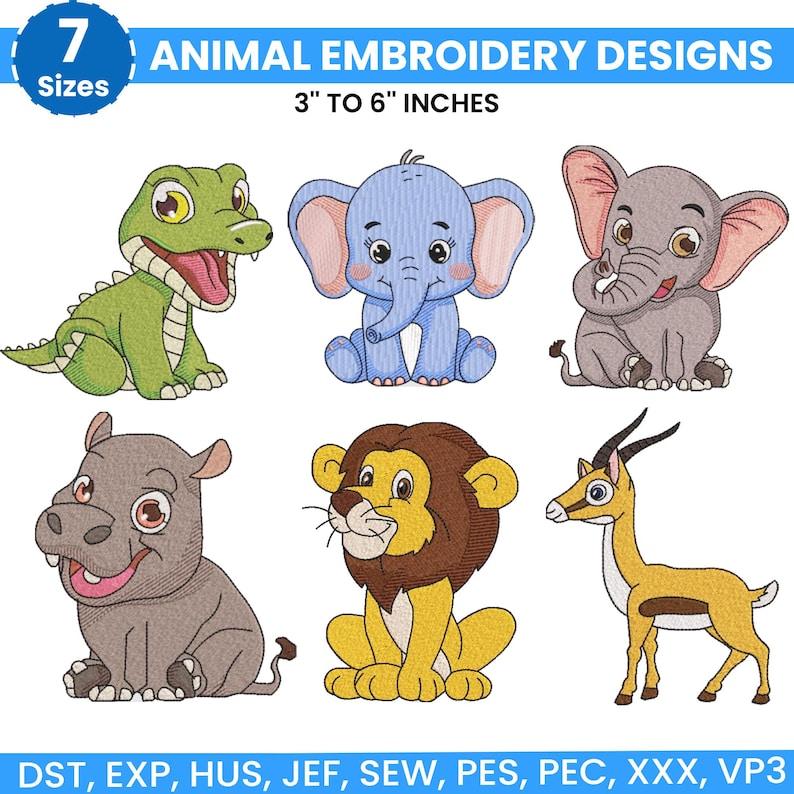Safari Animals Embroidery Bundle, Zoo Animal Embroidery, Baby Jungle Animals Embroidery, Baby Girl Embroidery, Forest Animal, Farm Animal, 7 sizes from 3 inch to 6 inches and available in 7 different file formats, instant download machine embroidery files