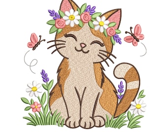 Diseño de bordado a máquina de gato, archivo de bordado floral de gato, patrón de bordado de mascotas, diseño de bordado a máquina, 17 tamaños, descarga instantánea