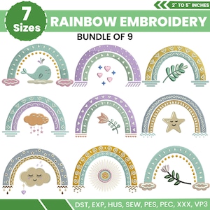 以下が含まれることがあります： 9つの虹の刺繍デザインのコレクション。それぞれに雲、星、花などのユニークなパターンと要素があります。デザインのサイズは5.08cmから12.7cmです。「RAINBOW EMBROIDERY」と「BUNDLE OF 9」の文字が表示されています。
