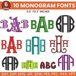 May include: Ten monogram fonts in various styles and colours, ranging from 1.3 to 7.6 cm in size. The image displays different letter combinations, including BAB, AAA, and ABC, in colours like purple, green, red, and teal. The image also includes the text "6 Sizes" and "10 MONOGRAM FONTS".