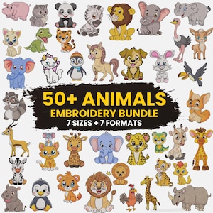 Paquete de bordado con más de 50 animales de safari: animales del zoológico, animales de la selva, niñas, animales del bosque y animales de granja.