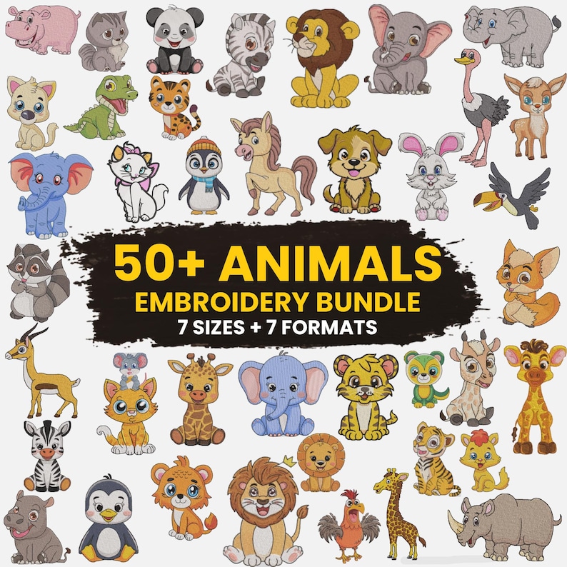 Safari Animals Embroidery Bundle, Zoo Animal Embroidery, Baby Jungle Animals Embroidery, Baby Girl Embroidery, Forest Animal, Farm Animal, 7 sizes from 3 inch to 6 inches and available in 7 different file formats, instant download machine embroidery files