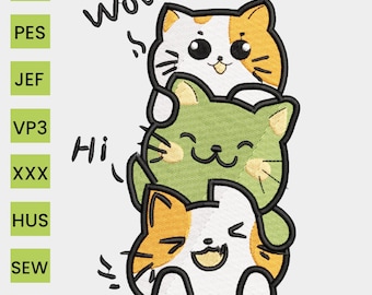 Archivo de bordado a máquina de gatitos lindos, diseño de bordado de gatos lindos, diseño de bordado de gatos divertidos, PES DST, etc., 8 tamaños, descarga instantánea