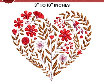 Diseño de bordado de corazón floral, mini bordado de corazón, diseño de formas de corazón, diseño de bordado de San Valentín, 15 tamaños, descarga instantánea