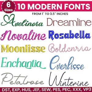 Könnte beinhalten: Ein Bild mit 10 modernen Schriftarten in verschiedenen Farben, darunter Grün, Braun, Rosa, Blau, Gelb und Hellrosa. Die Schriftarten haben eine Größe von 2,54 cm bis 8,89 cm. Der Text "6 Größen" und "10 moderne Schriftarten" ist ebenfalls zu sehen.