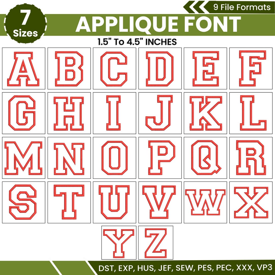 Applique Varsity Embroidery Font, Monogram Embroidery Font, 7 Sizes ...
