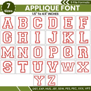 Peut inclure: Ensemble de polices d'applique avec l'alphabet en rouge et contours blancs. Les lettres mesurent entre 3,8 cm et 11,4 cm de hauteur. Comprend 7 tailles et 9 formats de fichiers. Les lettres sont sur fond blanc.