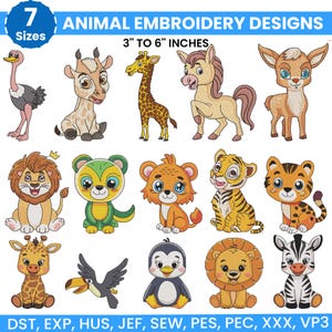 Safari Animals Embroidery Bundle, Zoo Animal Embroidery, Baby Jungle Animals Embroidery, Baby Girl Embroidery, Forest Animal, Farm Animal, 7 sizes from 3 inch to 6 inches and available in 7 different file formats, instant download machine embroidery files