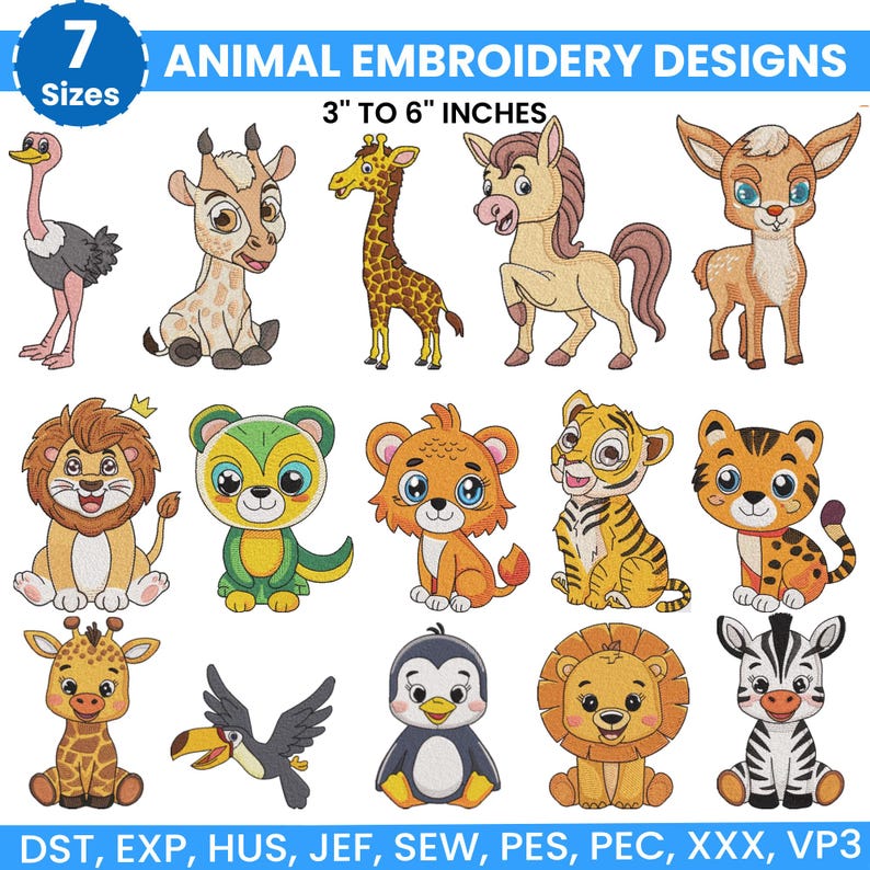 Safari Animals Embroidery Bundle, Zoo Animal Embroidery, Baby Jungle Animals Embroidery, Baby Girl Embroidery, Forest Animal, Farm Animal, 7 sizes from 3 inch to 6 inches and available in 7 different file formats, instant download machine embroidery files