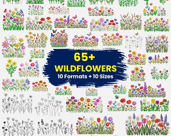 65+ Wildblumen Wiese Maschinenstickerei, Wiese Wildgarten, Boho Blumen, Wildblumen Stickerei Bundle, 10 Größen, Instant Download