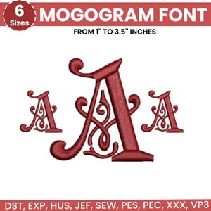 Könnte beinhalten: Ein maroonfarbenes Monogramm-Schriftart-Design mit dem Buchstaben "A" in drei Größen, mit dekorativen Wirbeln und Schnörkeln. Der Text "MOGOGRAM FONT" und "VON 2,54 cm BIS 8,89 cm" sind oben abgebildet. Das Bild listet auch Dateiformate auf.