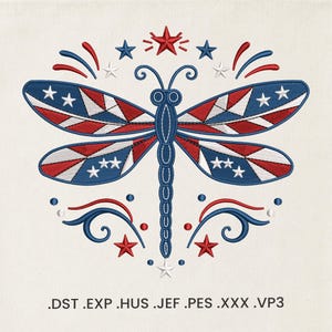 May include: An embroidery design of a dragonfly featuring red, white, and blue geometric patterns on its wings with star accents. The design includes decorative swirls and stars, with the text .DST .EXP .HUS .JEF .PES .XXX .VP3 at the bottom.