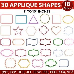 30種類の形のアップリケ刺繍デザイン、フレームのアップリケデザイン、ハート、サークル、トライアングル、PES DSTなど、18サイズ - 即時ダウンロード
