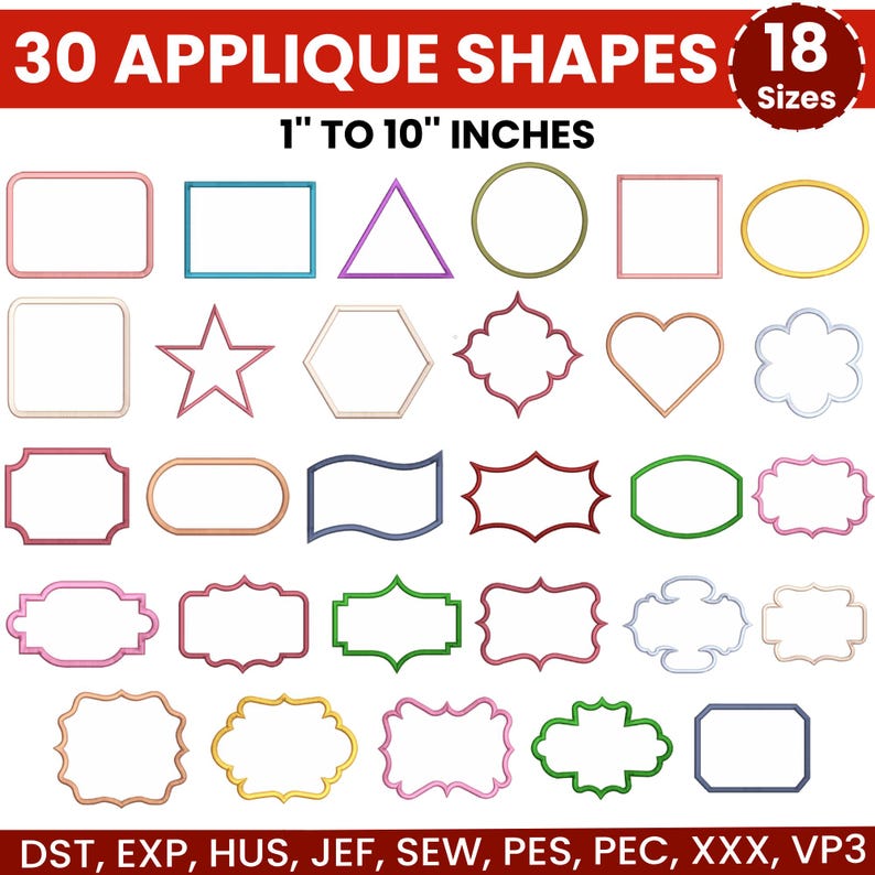 30 Shapes Applique Embroidery Designs, Frames Applique Design, Heart Circle Triangle,PES DST etc, 18 sizes - Instant Download