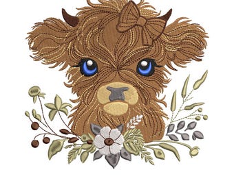 Diseño de bordado a máquina de vaca de las Highlands, cría de vaquilla de las Highlands, vaca floral de las Highlands, bordado a máquina para guardería, 6 tamaños, descarga instantánea