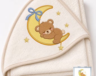Sleeping Teddy Bear Embroidery Design, Bear on Moon Machine Embroidery File, Animal Embroidery File, Bow Design, 17 Sizes, Instant Download