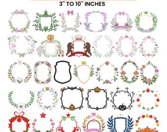 30 diseños de bordado de monogramas, diseños de apliques de marcos, coronas florales con escudo, marcos con escudo de laurel, PES DST, etc., 15 tamaños - Descarga instantánea
