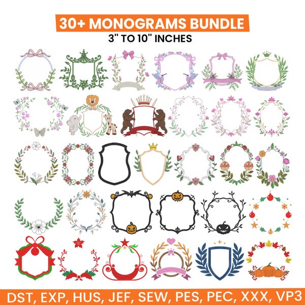 30 Monogramm Stickmuster, Rahmen Applikation Design, Kranz Kranz Floral, Laurel Crest Rahmen, PES DST etc, 15 Größen - Instant Download