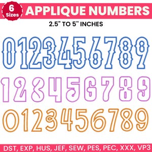 Könnte beinhalten: Applikationszahlen in drei verschiedenen Stilen und Farben: Blau, Rosa und Orange. Die Zahlen sind zwischen 6,35 cm und 12,7 cm hoch. Das Bild enthält den Text "APPLIQUE NUMBERS" und "2.5" TO 5" INCHES".