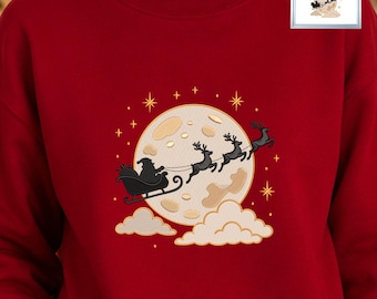 Santa Sleigh Moon Embroidery Design, Christmas Reindeer Machine Embroidery File, Christmas Santa Embroidery, 17 Sizes, Instant Download