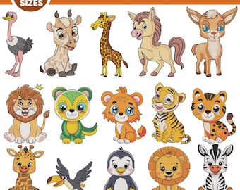 Baby Safari Tiere Stickerei, Zoo Tiere Maschinenstickerei, Mädchen Stickerei, Waldtiere, Tiere auf dem Bauernhof, 7 Größen, Instant Download