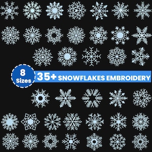 Puede incluir: Una colección de más de 35 diseños de bordado de copos de nieve en varios estilos, sobre un fondo negro. La imagen incluye el texto "35+ SNOWFLAKES EMBROIDERY" y "8 Sizes" en un círculo azul.