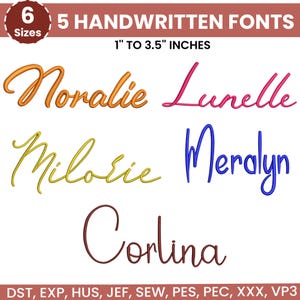 Peut inclure: Image présentant cinq polices manuscrites en orange, rose, jaune, bleu et marron. Le texte indique "5 POLICES MANUSCRITES" et "1" à 3,5" POUCES". Un graphique circulaire indique "6 Tailles". L'image répertorie également les formats de fichiers.
