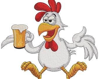 Diseño de bordado de gallo borracho, divertido diseño de bordado a máquina de pollo loco, archivo de bordado de pollo adorable, 9 tamaños, PES DST JEF