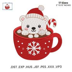 Christmas Polar Bear Embroidery Design, Cocoa Machine Embroidery File, Holiday Pattern, Coffee Mug Embroidery, 17 Sizes, Instant Download