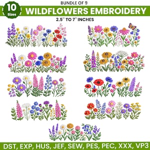 May include: A collection of nine wildflower embroidery designs in various colors, including purple, pink, yellow, and blue. The designs range from 2.5 to 7 inches in size. The image includes the text "WILDFLOWERS EMBROIDERY" and "BUNDLE OF 9".
