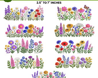Diseño de bordado a máquina de pradera de flores silvestres, jardín silvestre, flores bohemias, paquete de bordado de flores silvestres, 10 tamaños, descarga instantánea